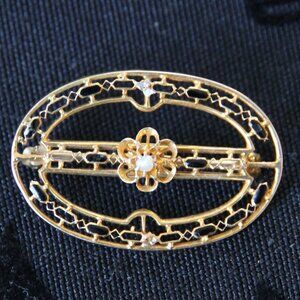 Delicate 10K Gold Oval Brooch Pin with Black Enamel and Pearl